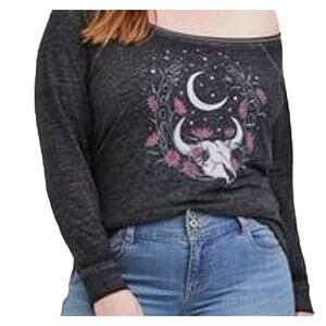 Torrid Off Shoulder Black Terry Burnout Bull Skull & Moon Sweatshirt Size Large